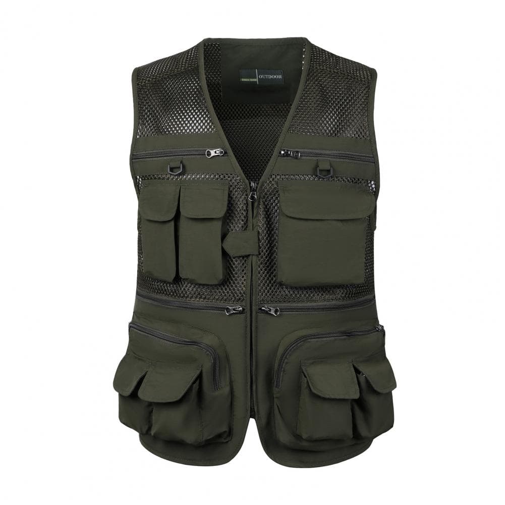 Men Cargo Waistcoat V-neck Sleeveless Zipper Placket Vest Coat Solid Color Mesh Stitching Multi Pockets Fishing Hiking Waistcoat L army green