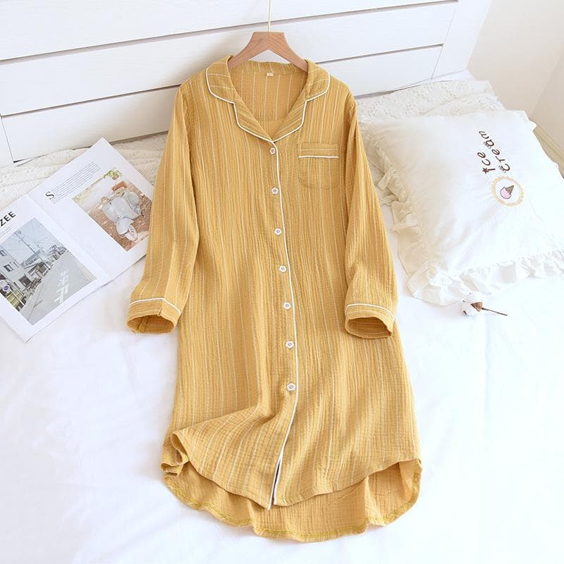 New Spring and Summer Women's 100% Cotton Long-sleeved Nightdress Home Simple Plus Size Striped Home Nightwear Long Dress XL