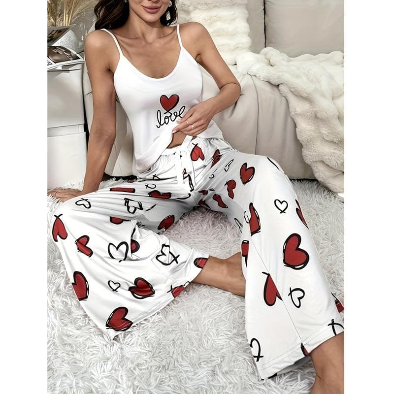 Sweetheart Print Milk Silk Suspender Pajama Set Sleeveless Suspenders Wide Leg Pants Pajama Set Women's Chic Pajamas 3XL white