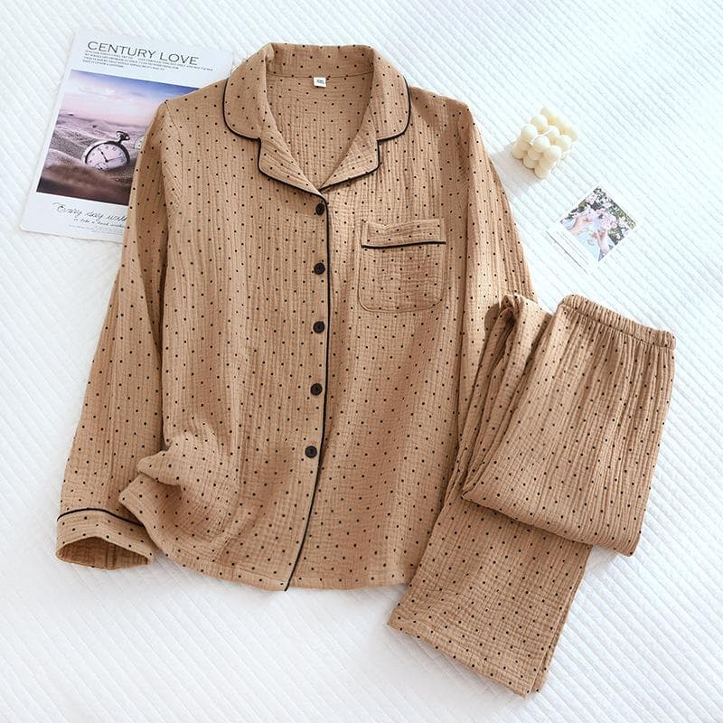 Spring and Autumn New Women's Pajama Set 100%cotton Crepe Long-sleeved Trousers Two-piece Polka Dot Cute Home Wear Thin Set M brown