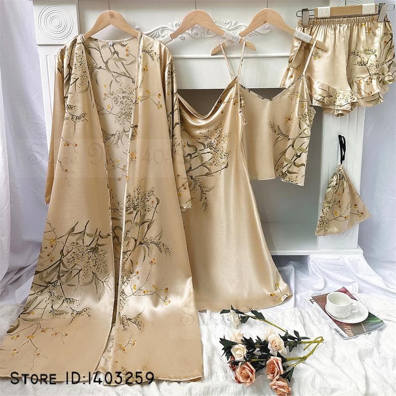New Female 4PCS Pajamas Set Spring Summer Satin Sleepwear Intimate Lingerie Print Cherry Flower Nightgown Loose Home Clothes L