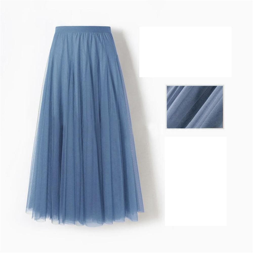 New Women Mesh Elastic Tutu Skirt Beach Spring Summer Korean High Waist Fashion Pleated Long Skirt Black White Tulle Skirts 90cm air force blue