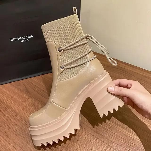 Ankle Boots Women Quality Platform Boots Female Fashion Short Boot Black Chunky High Heel Women Shoes 38 beige