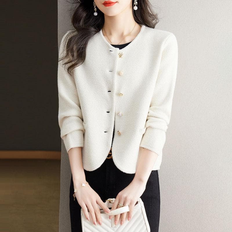 Small Fragrance Style Short Jacket for Women's Autumn Clothes New Style Top Casual Loose Cardigan 2XL white