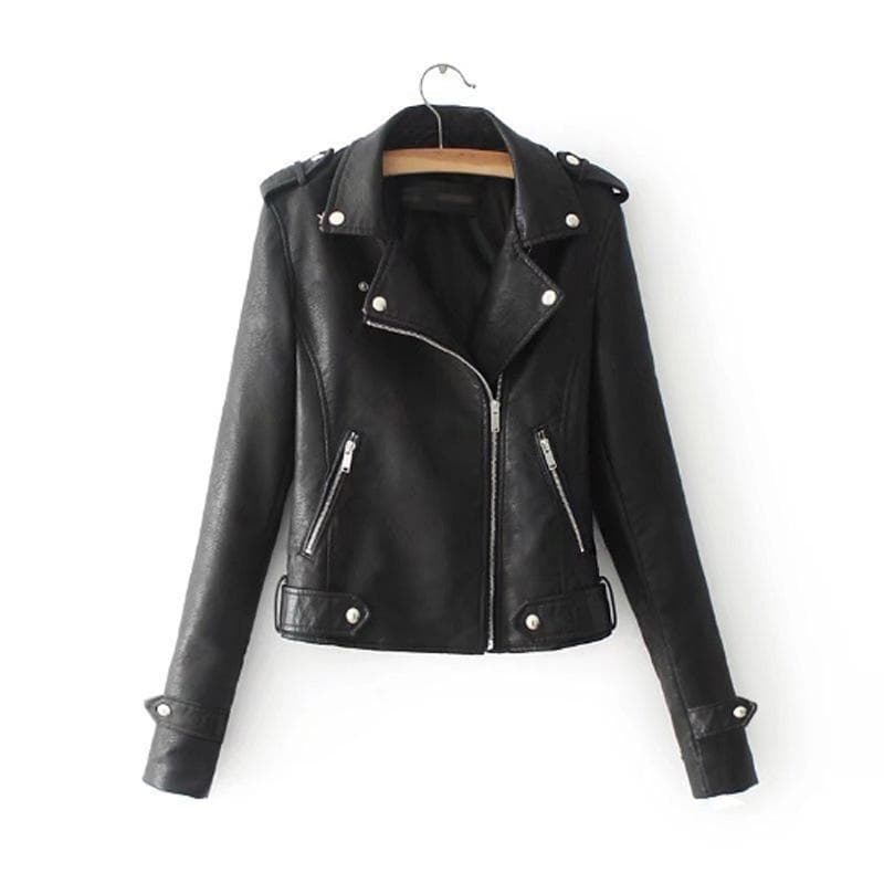 Faux Leather Jacket Women Zip Belt Coats Black PU XXL black