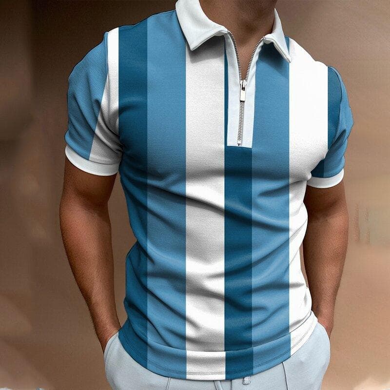 Striped Men's Office Zipper POLO Shirt Short-sleeved T-shirt XL blue