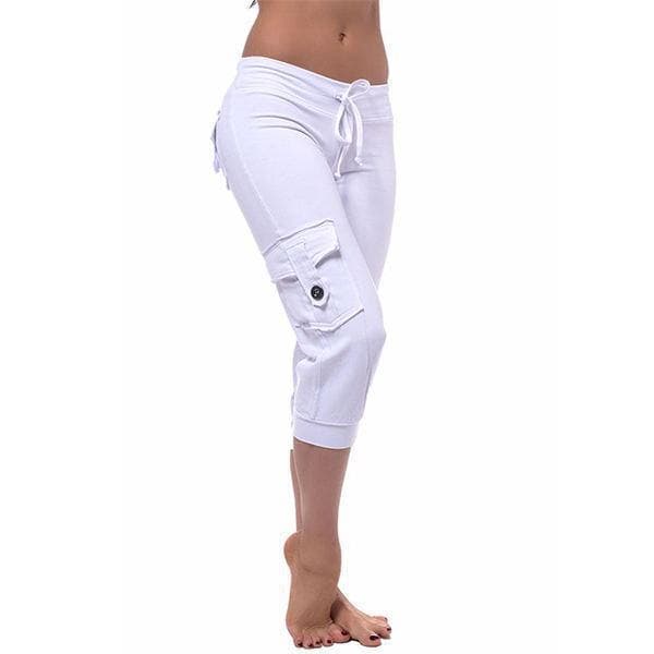 6 Colors Women Yoga Cropped Pants with Elastic Waist Button Pockets Summer Outdoor Casual Sports Pants XS white