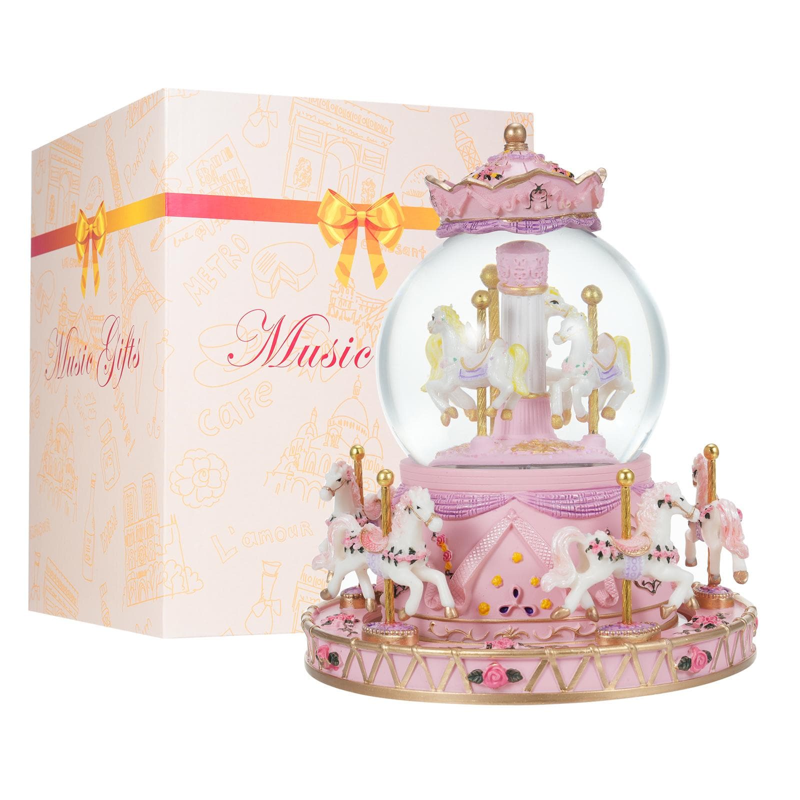 Rotating Carousel Music Box Crystal Ball Light-up Snow Globe Wind-up Musical Box Colorful Lights Cut pink 8 Horses