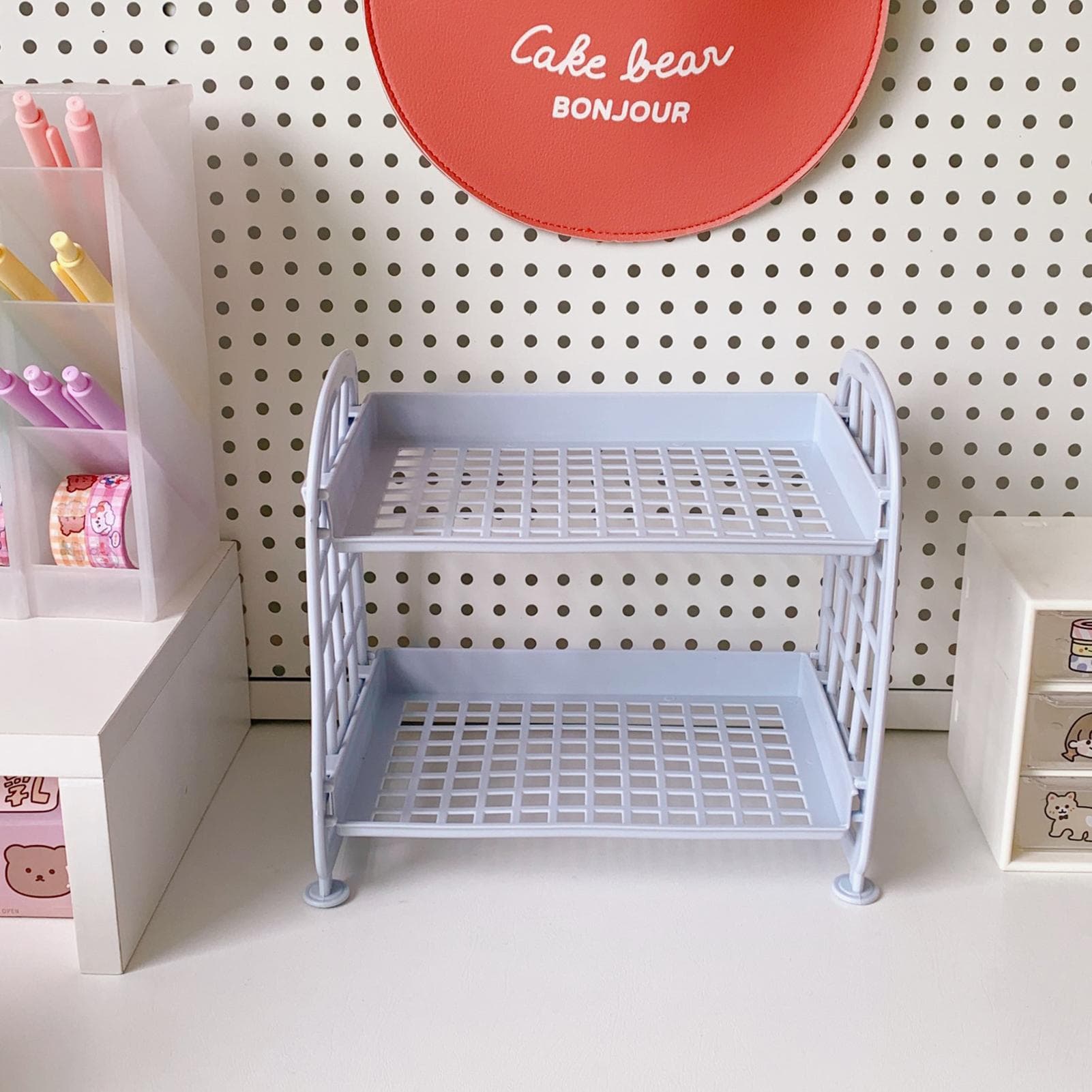 2 Layer Desktop Shelf Side Guardrail Design Foldable Double Layer Stacking Cosmetic Stationery