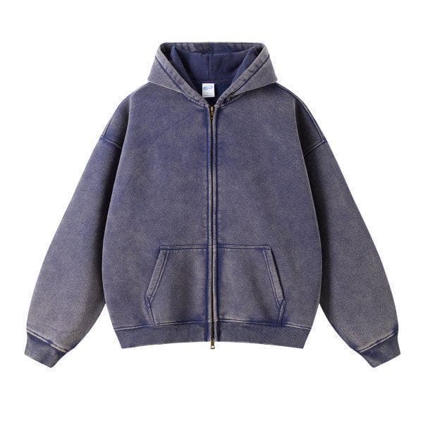 Retro Batik Washed Oversized Hoodie with Zipper S Dark blue