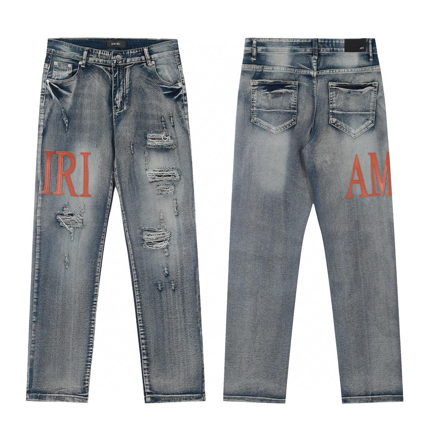 M03 Amiri Men's and Women's American Style Trendy Jeans with Fabric Patches, Holes, Embroidery, Casual and Fashionable High Street Pants 32