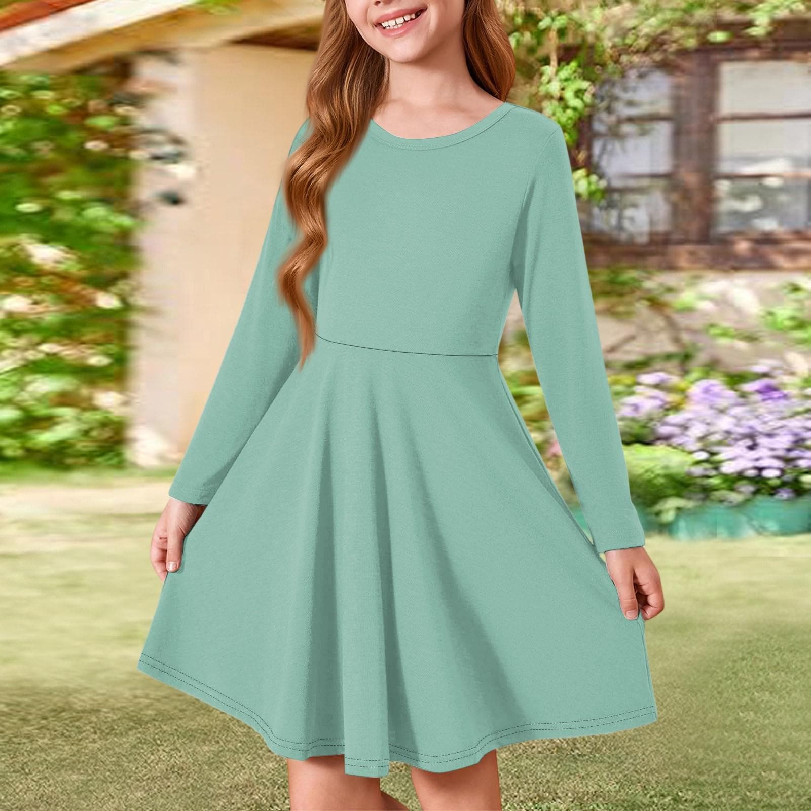 Girls' Summer Princess Dress - Long Sleeve A-Line T-Shirt Dress 140
