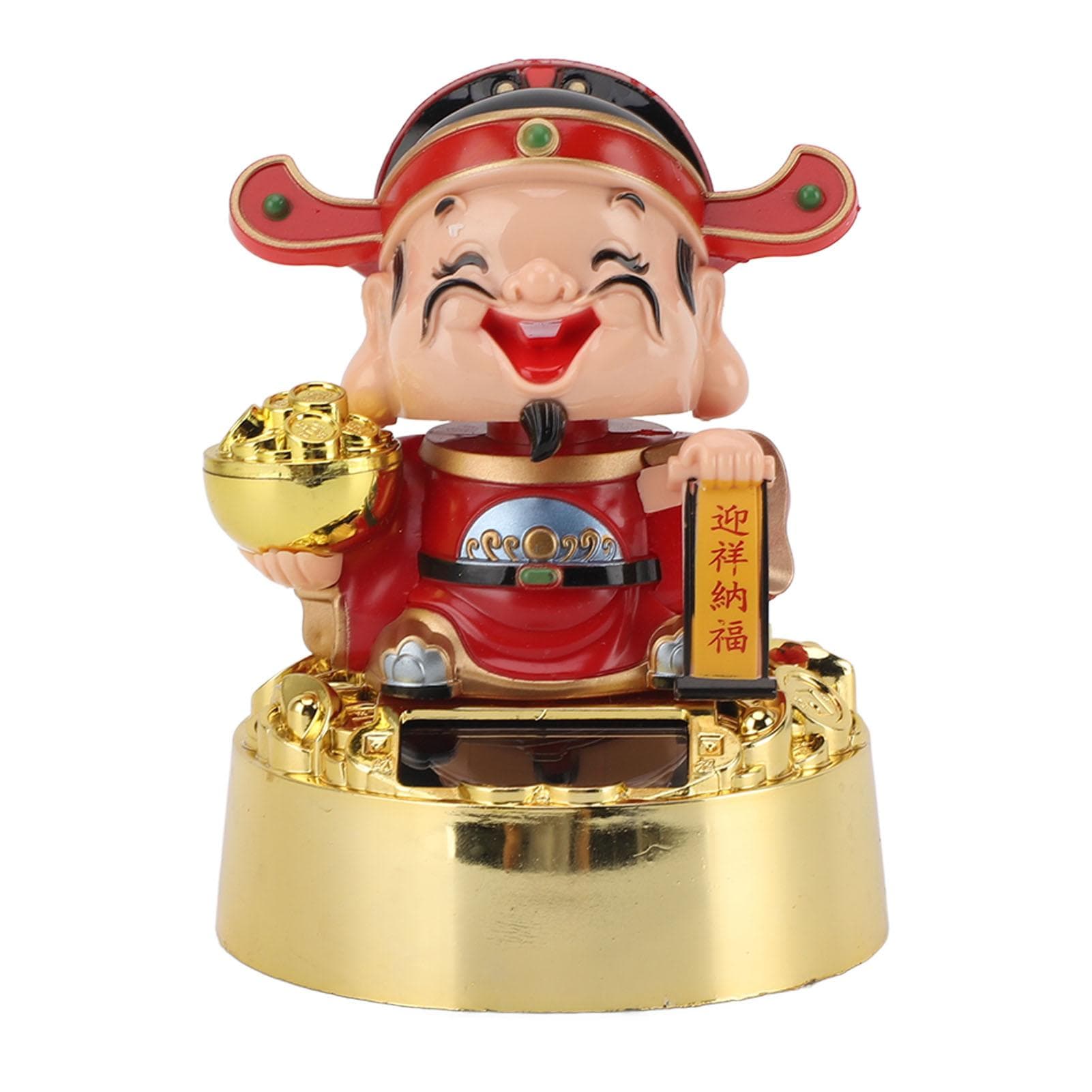 God of Wealth Figurine Solar Powered Automatic Nodding Durable Cai Shen Statue Decor for Home Car Small