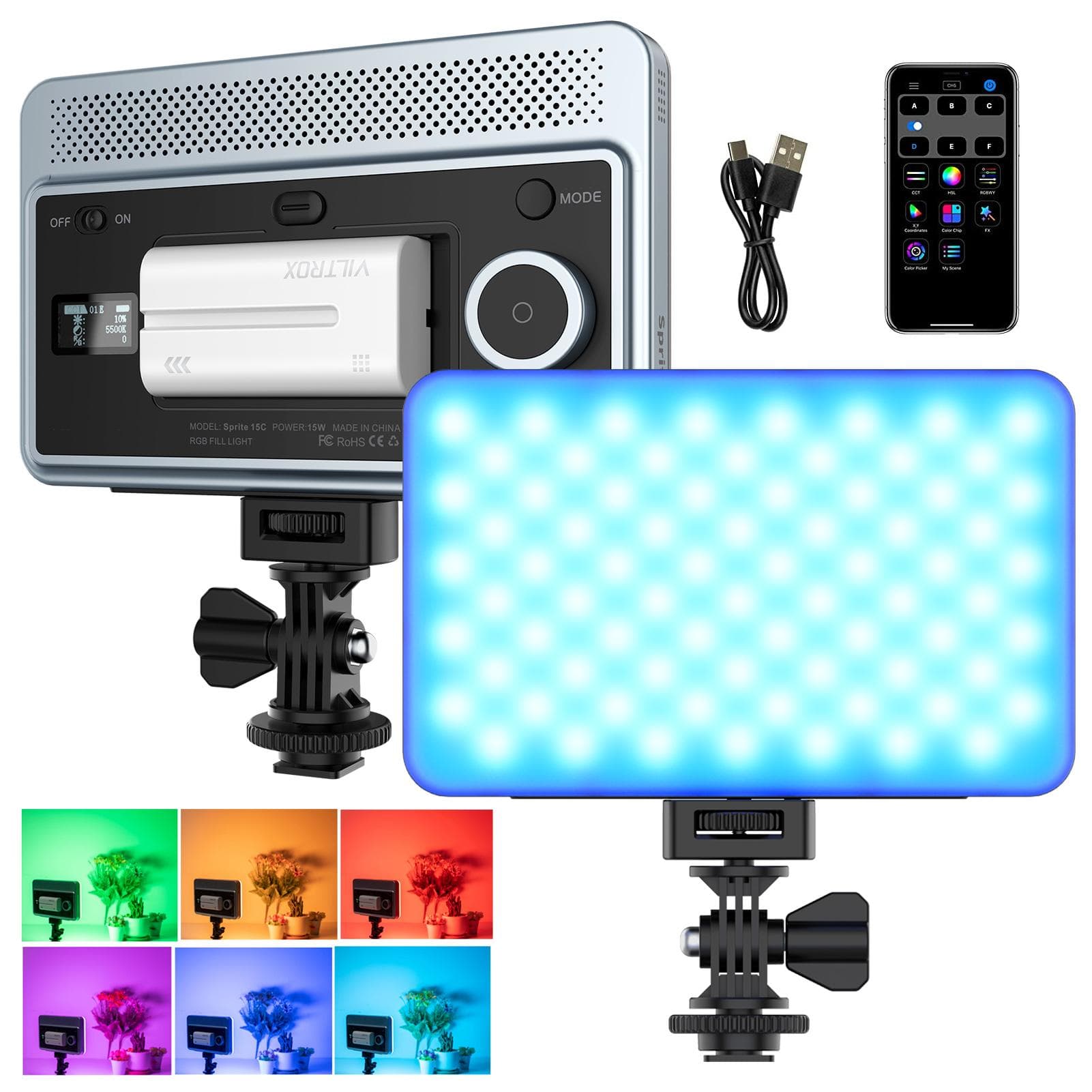 VILTROX Sprite 15C RGB Fill Light Photography LED Video Light On-camera Light Panel 15W 2800K-6800K RGB