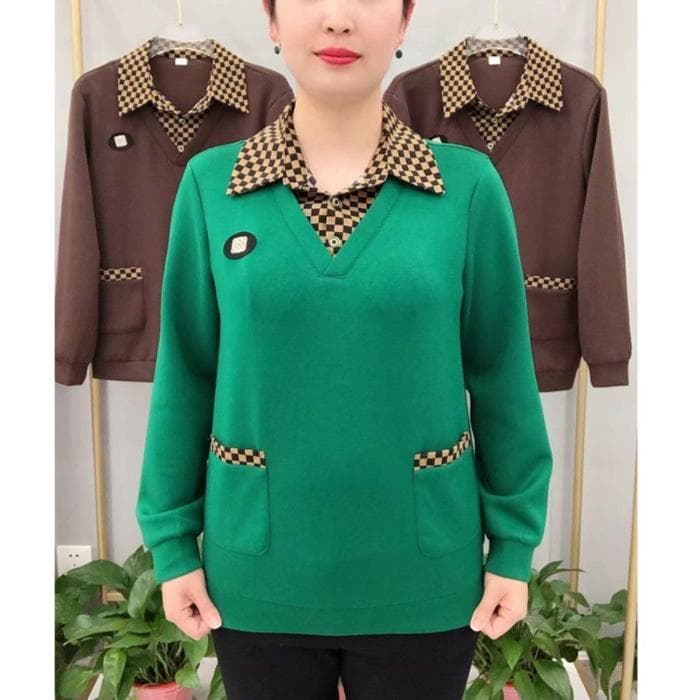 Plaid Fake Two-piece Base Shirt for Women's Spring and Autumn Long-sleeved Shirt Loose Collar To Make Mother's Casual Top L green