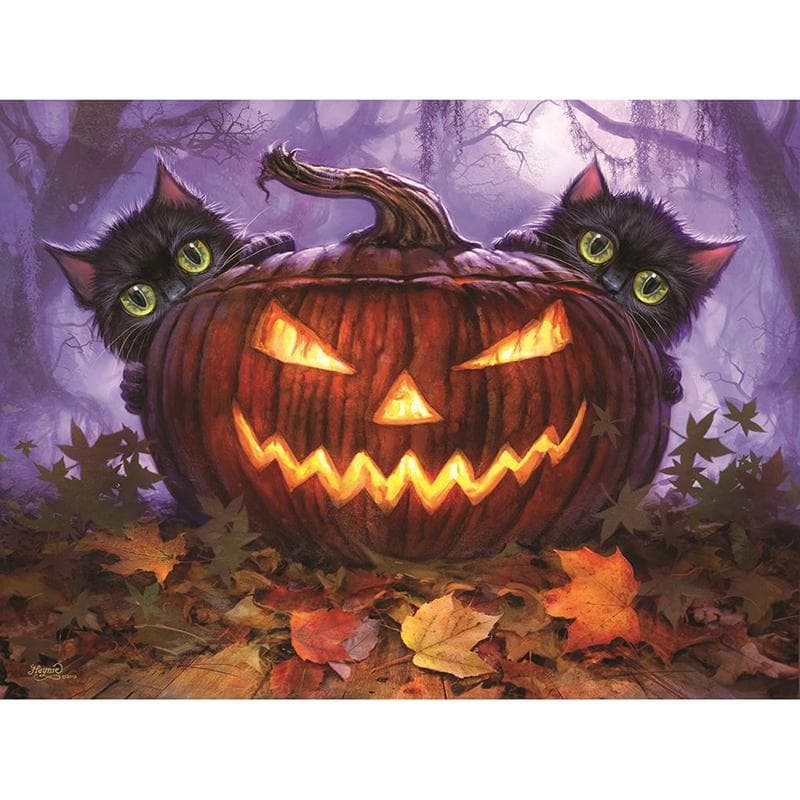 Diamond Embroidery Round Diamond Two Cats with Pumpkin Lantern Full Rhinestone Diamond Painting 20X30CM