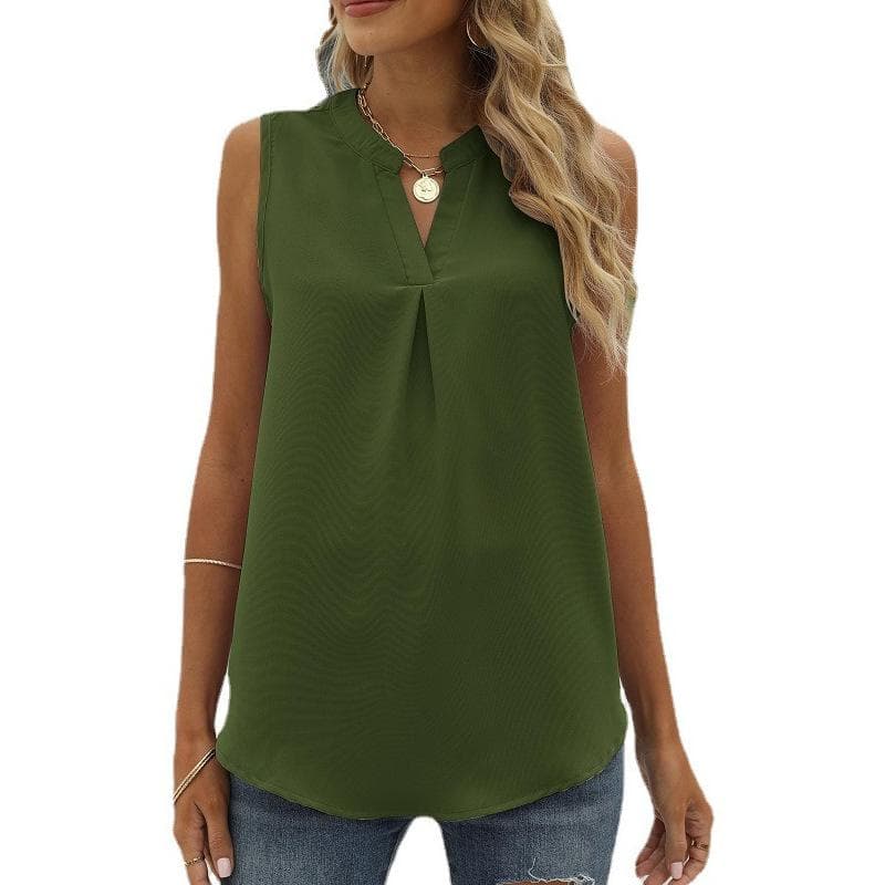 Summer Women's Vest Solid Color Chiffon Shirt Loose V-neck Pullover Sleeveless Top Vest XXL army green