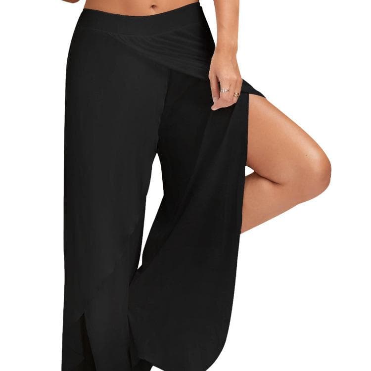 Elastic Waist Mid-Rise Fitness Trousers Solid Color Straight Yoga Pants Women Split Wide Leg Cropped Pants Female Clothing L black