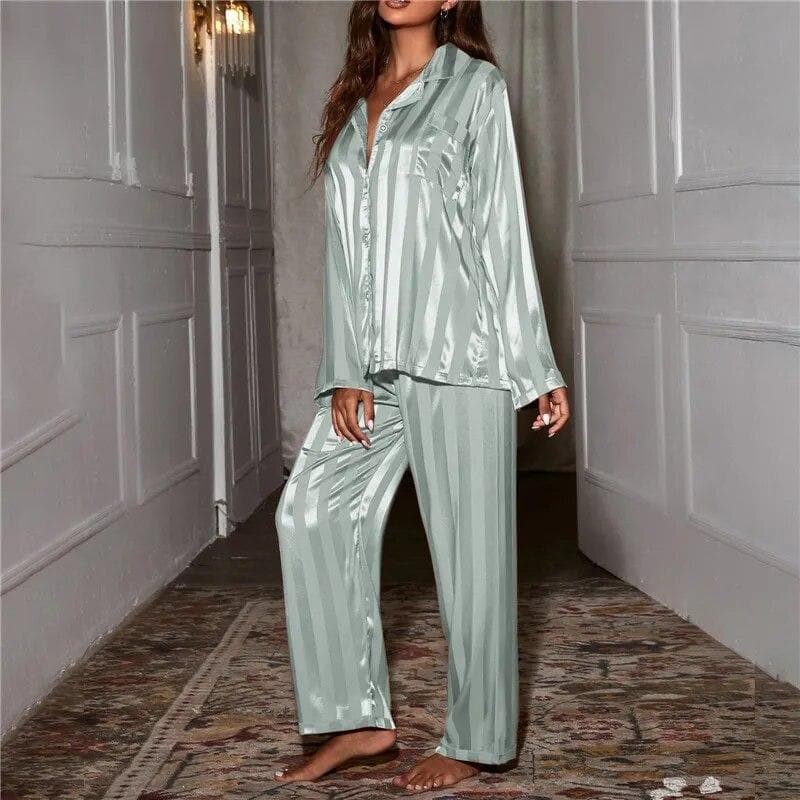 Women's Striped Pajama Set Solid French Silk Satin Pajamas Two Piece Set Comfortable Home Pajamas XXXL green