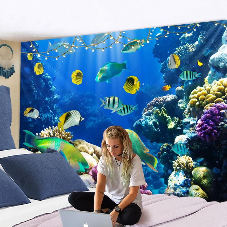 3D Digital Printing Tapestry Psychedelic Underwater World Beautiful Fish Tapestry Wall Hanging Marine Animal Coral Home Deco 95x70CM