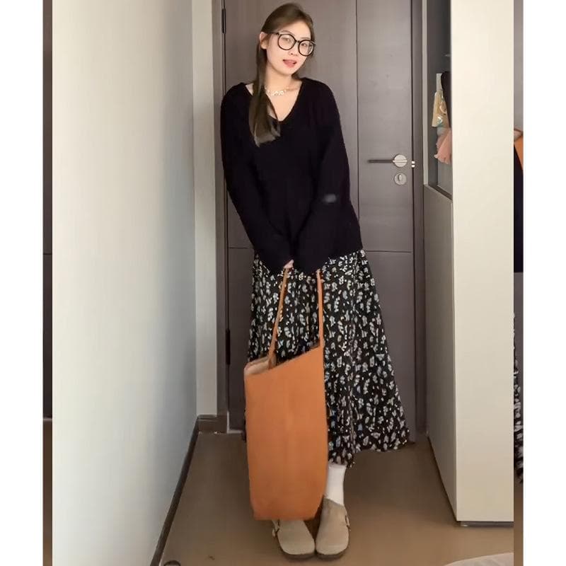Black Floral Skirt for Women In Summer New High Waist Cover Hips To Make Them Look Slim A-line Skirt Gentle Style Long Skirt XL