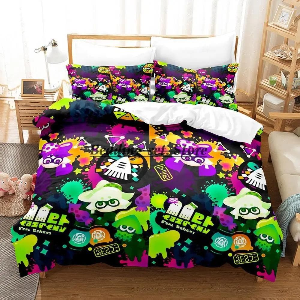 Splatoon 3 Inkling Squid Bedding Set Single Twin Full Queen King Size Bed Set Aldult Kid Bedroom Duvetcover Sets Bed Sheet Set EU Single 135x200cm