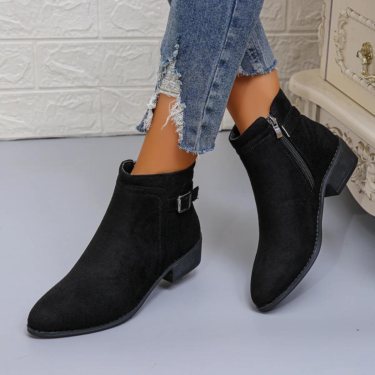 Suede Zipper Ankle Boots for Women 2025 Autumn Pointed Women Shoes Woven Patchwork Female Boot Concise Square Heel Chelsea Boots 39 black