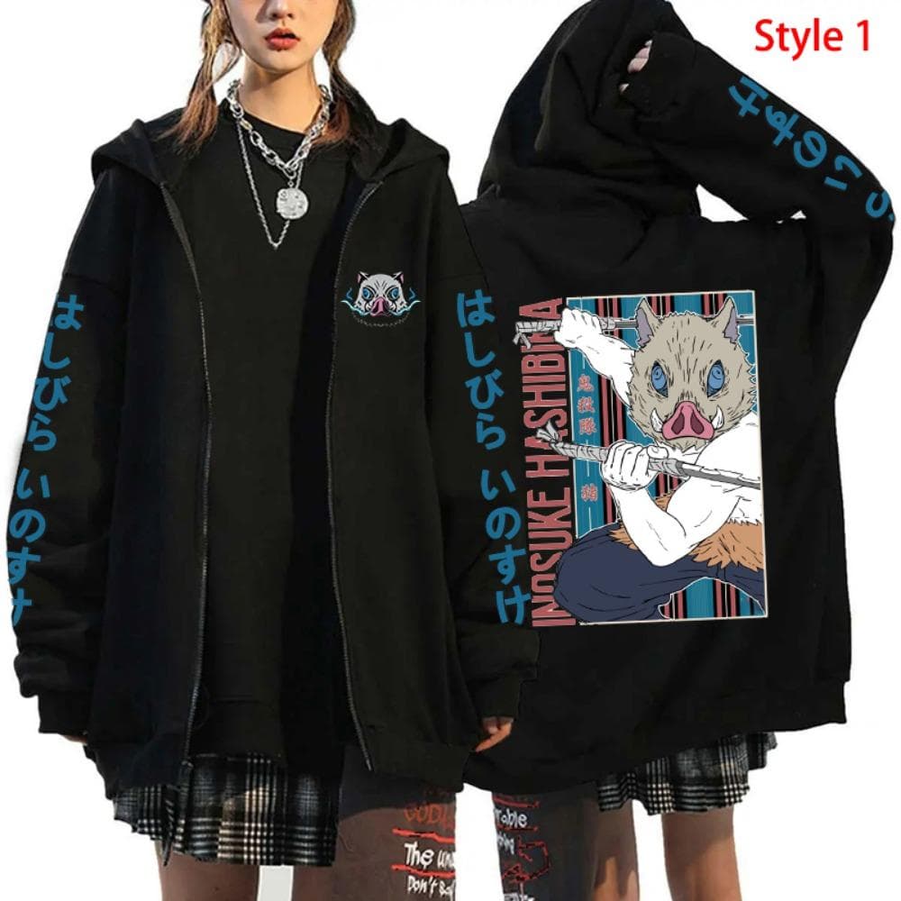 Hot Anime Hashibira Inosuke Printing Zipper Hoodies Women Men Fashion Y2k Personality Zipper Long Sleeve Hooded Sweatshirt M