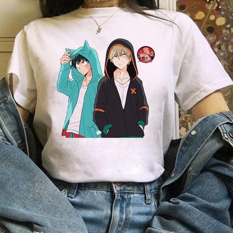 My Hero Academia Bakugou Katsuki Izuku Midoriya Clipart Anime printing womens T-shirt summer Street casual stretch Slim tees Basic Couple tshirs S white