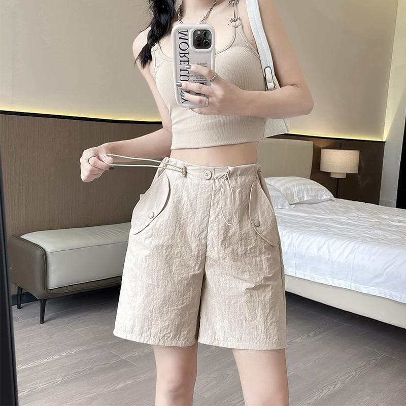 Summer Women's Wear Thin Spice Girls Overalls Versatile Casual Straight Wide-leg Five-point Pants XL apricot