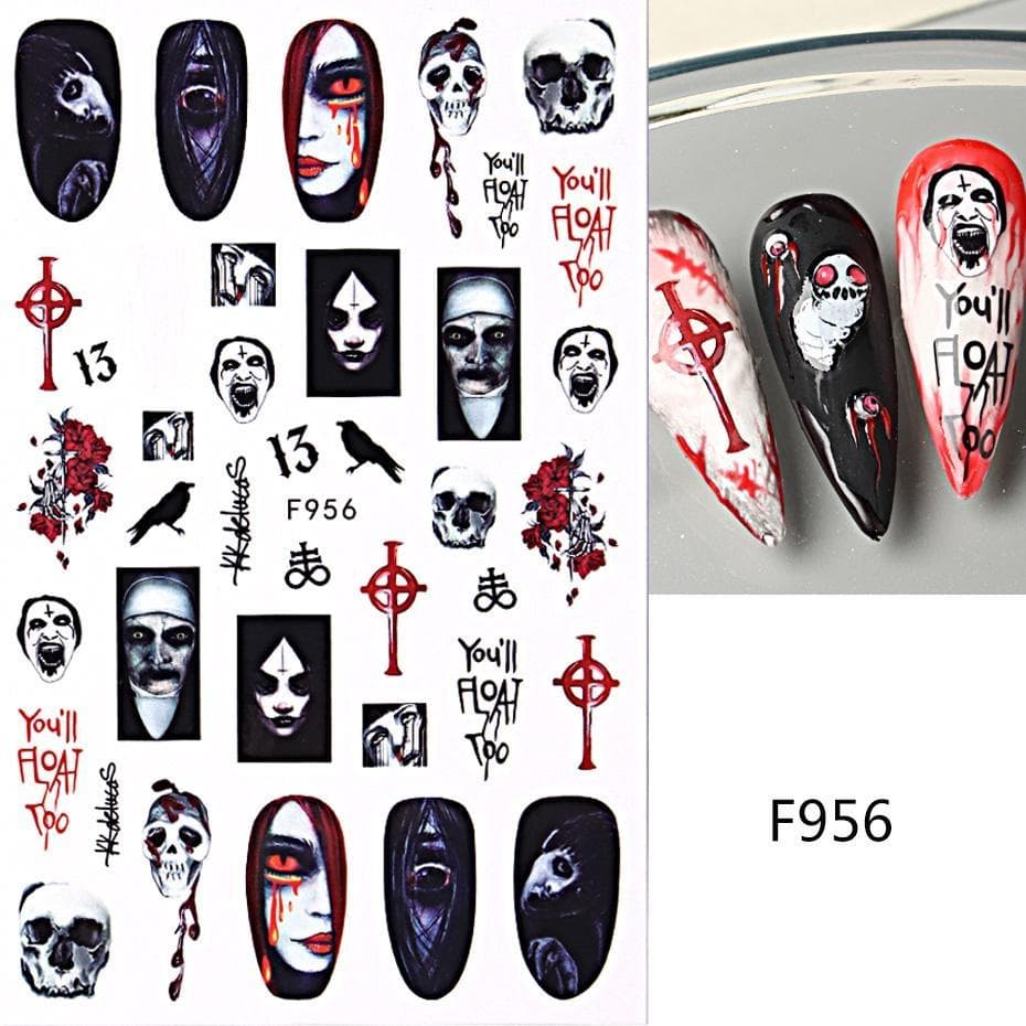 Cute Halloween Evil Nail Design Sticker Green Cartoon Skull Ghost Spooky 3D Punk Manicure Slider Decals DIY Nail Art F956