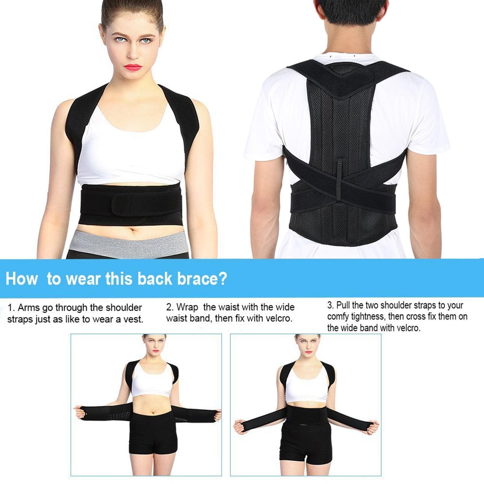 Adjustable Back Posture Corrector Brace Back Shoulder Support Belt Posture Supports Correction black