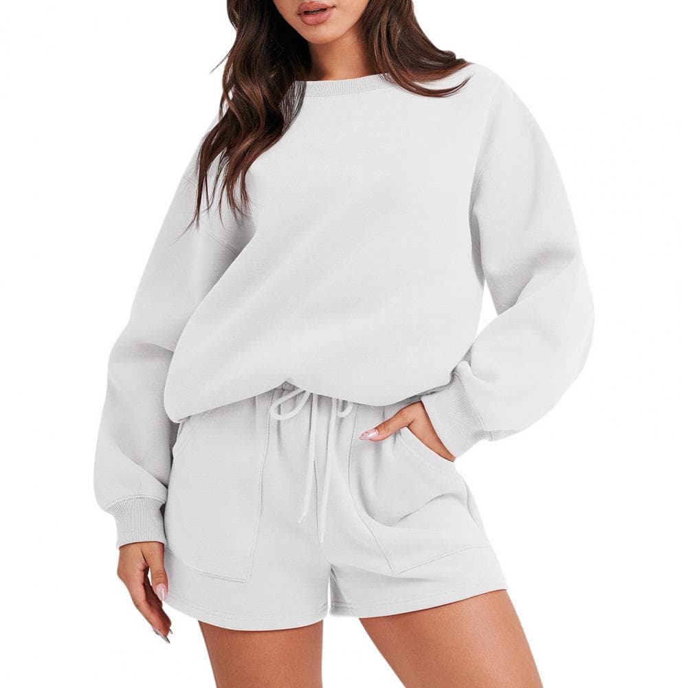 2 Pcs/Set Women Sweatshirt Shorts Set Loose Solid Color Drawstring Elastic Waist Long Sleeve Round Neck Elastic Cuff Soft Pocket XL white