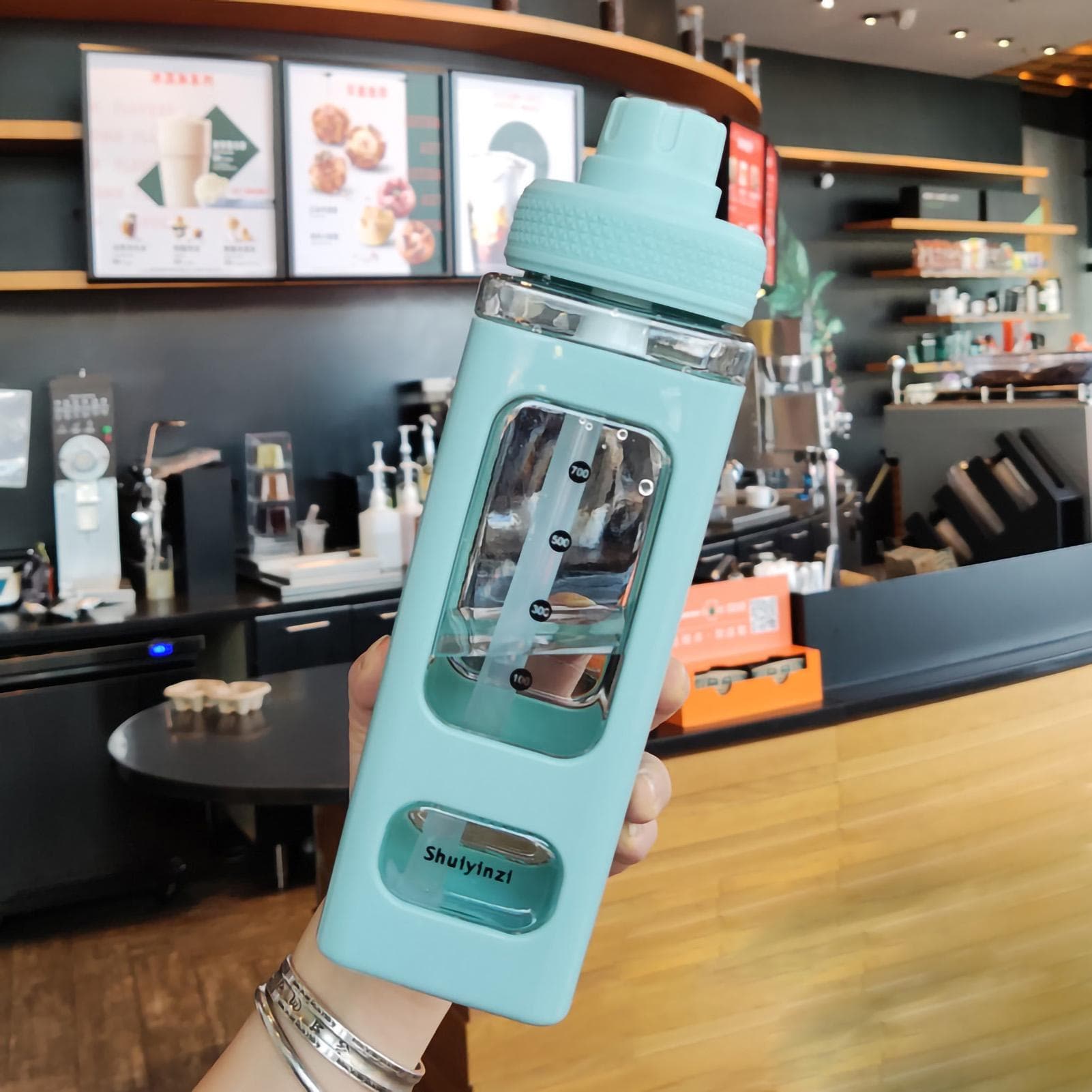 Straw Water Bottle with Marker 700ml Large Capacity Double Layer Water Jug for Home Gym School green