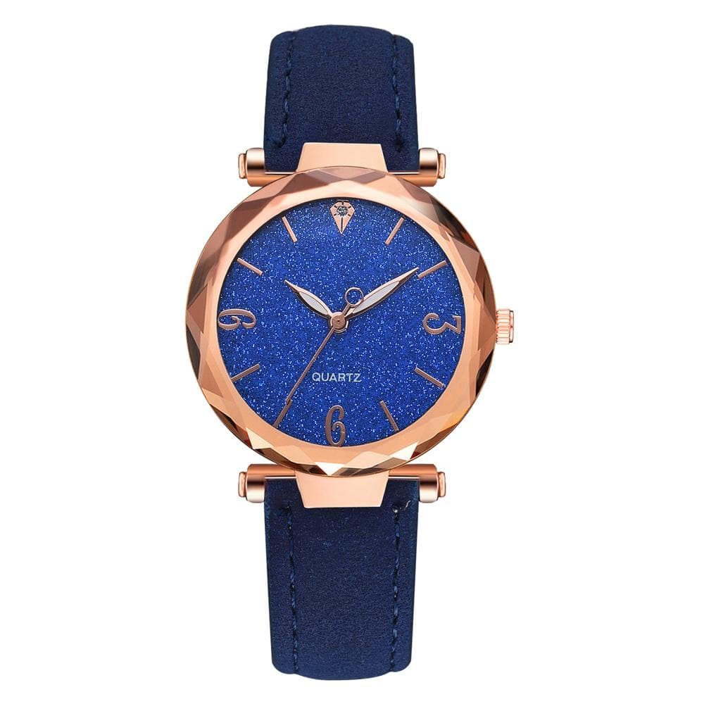 Elegant Women PU Leather Strap Quartz Watch Round Dial Alloy Wristwatch(Blue) blue
