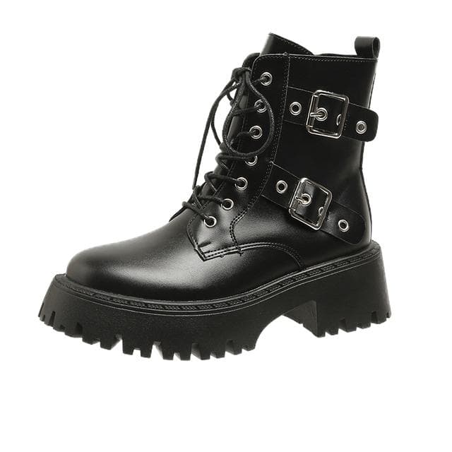Punk Metal Buckle Platform Boots Women PU Leather Chunky Heels Ankle Boots Woman Autumn Lace Up Thick Bottom Gothic Shoes 41 black