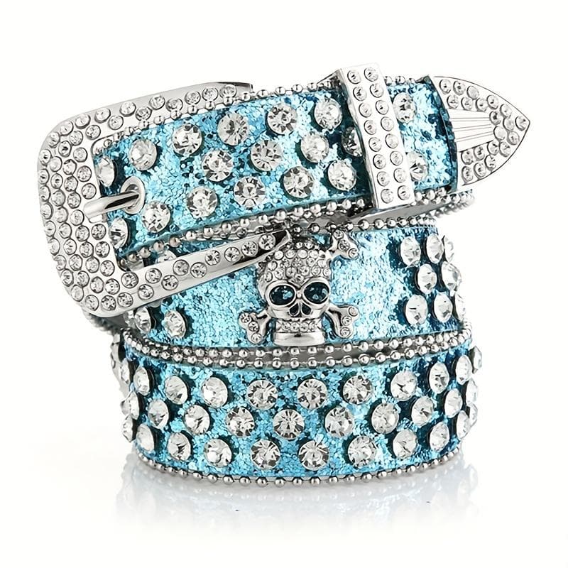 Glamorous Rhinestone Skull Rivet Belt - Perfect for Jeans & Western Outfits! blue
