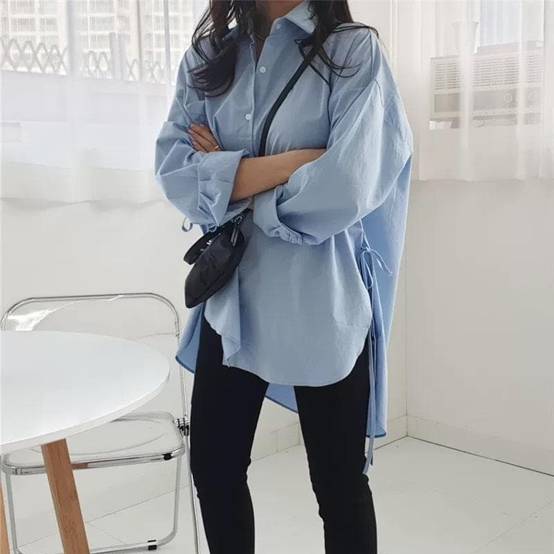 Slit Strap Shirt Women's Design Niche Retro Hong Kong Style Loose Irregular Spring and Autumn New Top Trendy XL