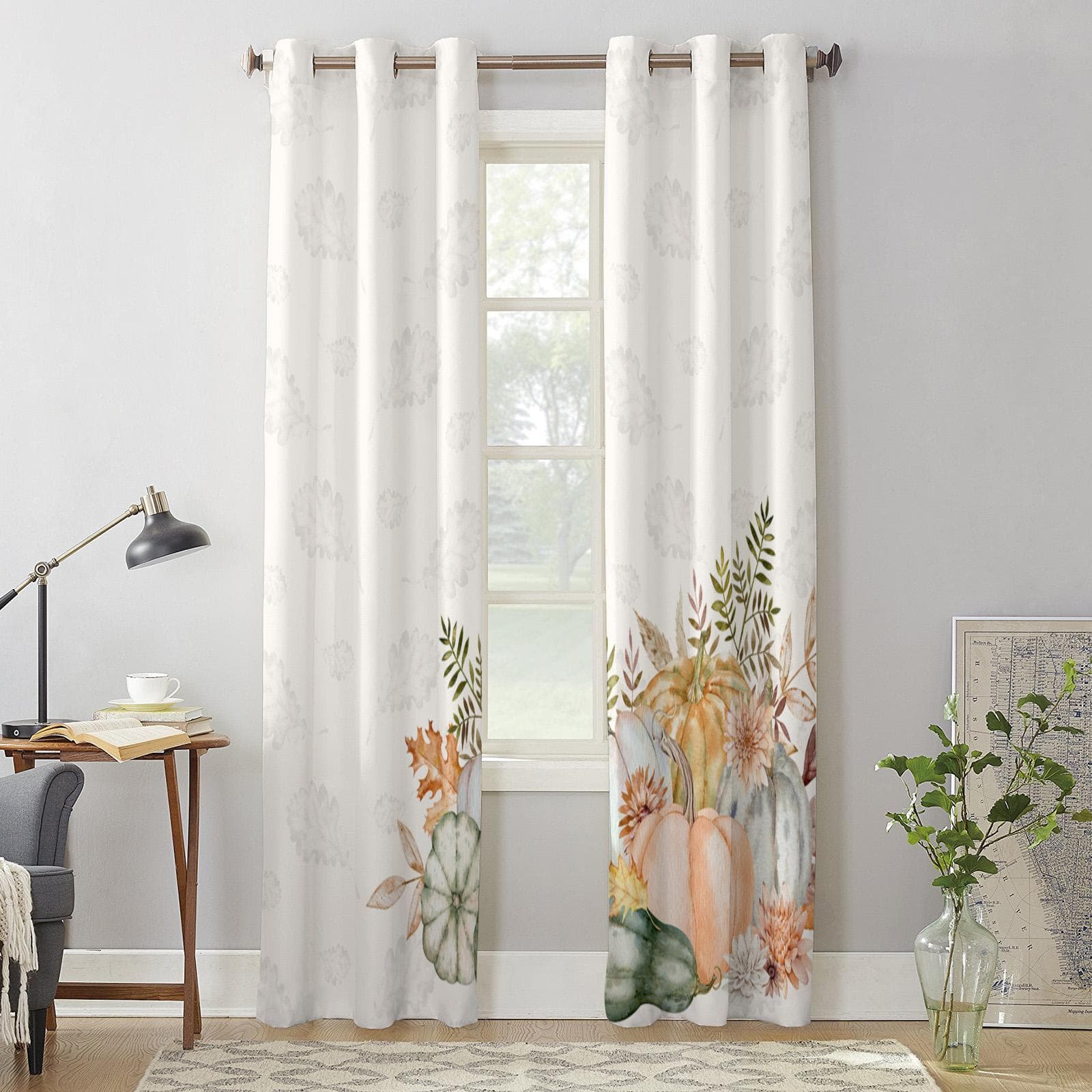 Fall Flower Leaves Pumpkin Farmhouse Luxury Window Curtain for Living Room Bedroom Home Decor Kitchen for Window Drapes 135W x 60H(cm) x1