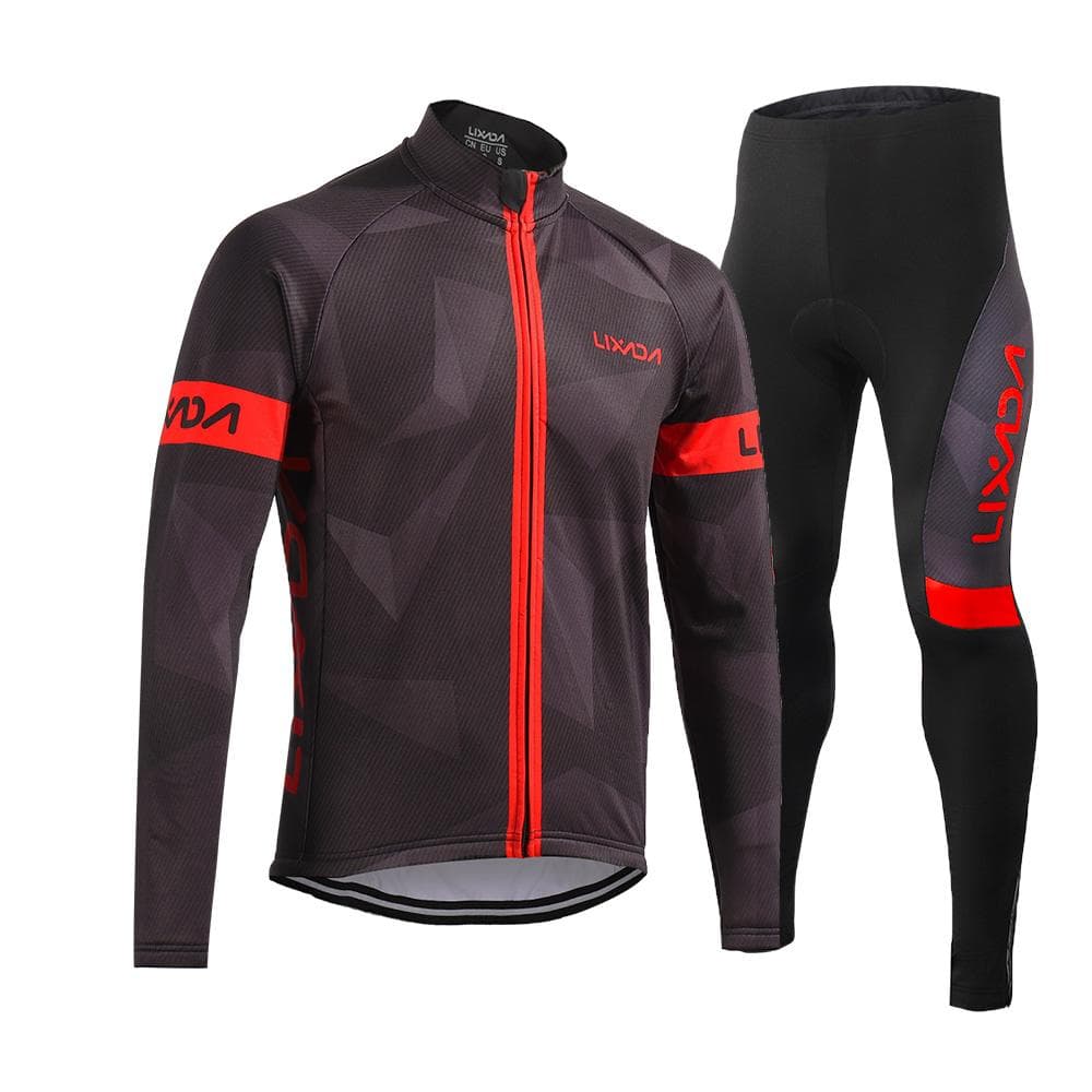 Lixada Men's Winter Thermal Fleece Cycling Clothing Set Long Sleeve Windproof Cycling Jersey Coat XXL red