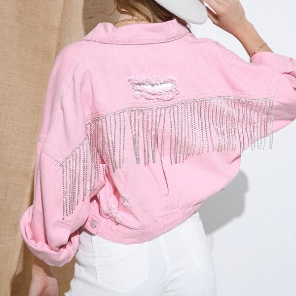 Womens Long Sleeve Back Rhinestone Tassels Loose Ripped Hole Denim Jeans Jacket Short Coat L pink