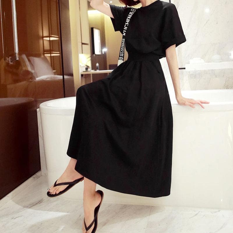 Mid Sleeve Dress with Large Skirt, Korean Version with Five Quarter Sleeves and Waist Cinched Long Skirt, High Waist Round Neck Small Black Skirt 2XL