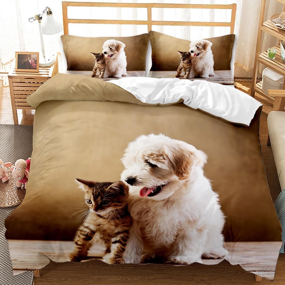 Dog and Cat Duvet Cover Cute Cartoon Puppy Animal Design Bedding Set Lovely Kitty Double Queen King Size Polyester Qulit Cover 140x200cm 3pcs