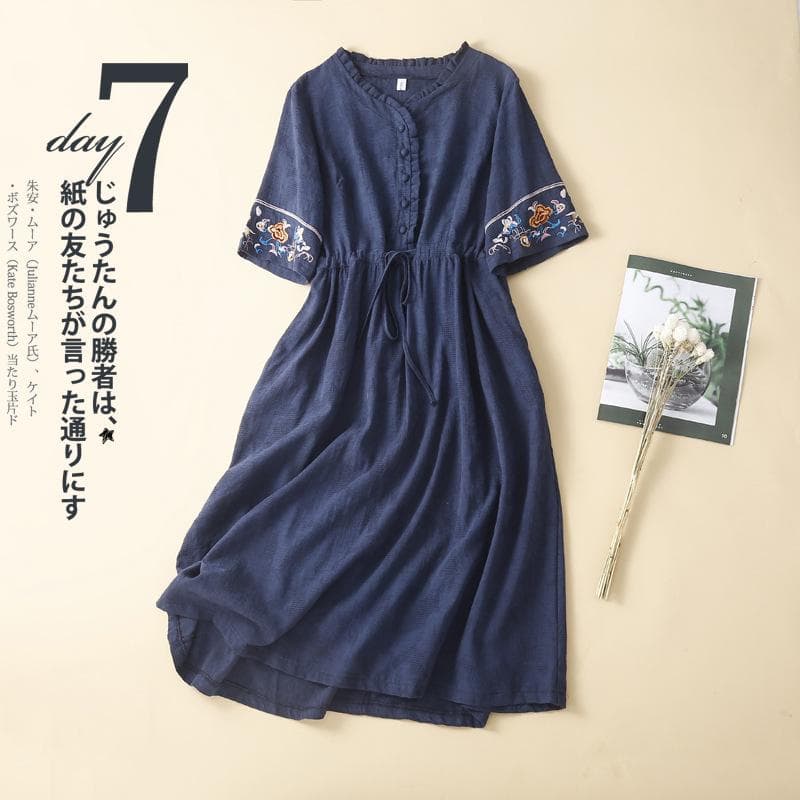 Cotton and linen embroidered dress women's 2025 summer long loose gas lace collar short sleeve knee length skirt M Dark blue