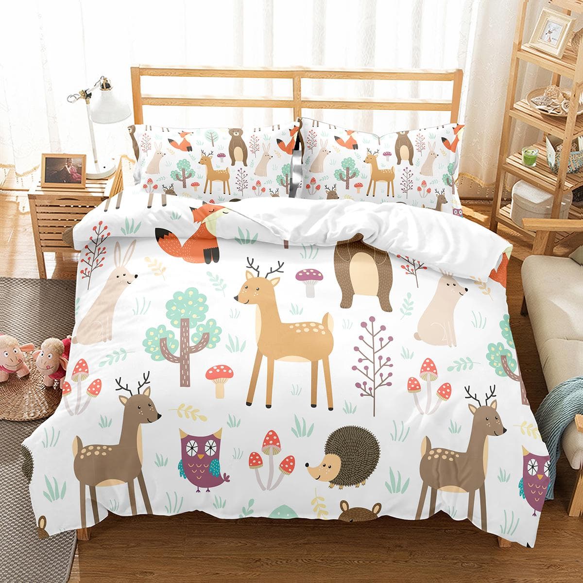 Farm Animals King Queen Duvet Cover Kids Cartoon Cow Bedding Set Deer Wooden House Chick Quilt Cover Polyester Comforter Cover 173x218cm 2pcs