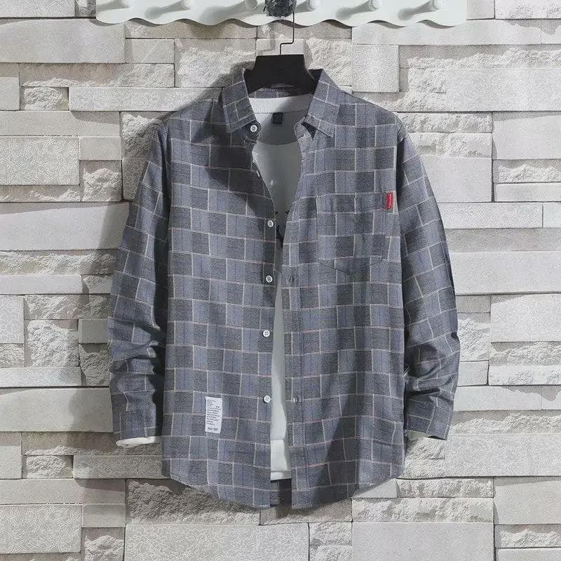 Plaid Men's Long-Sleeve Shirt - Trendy Korean Hong Kong Style M