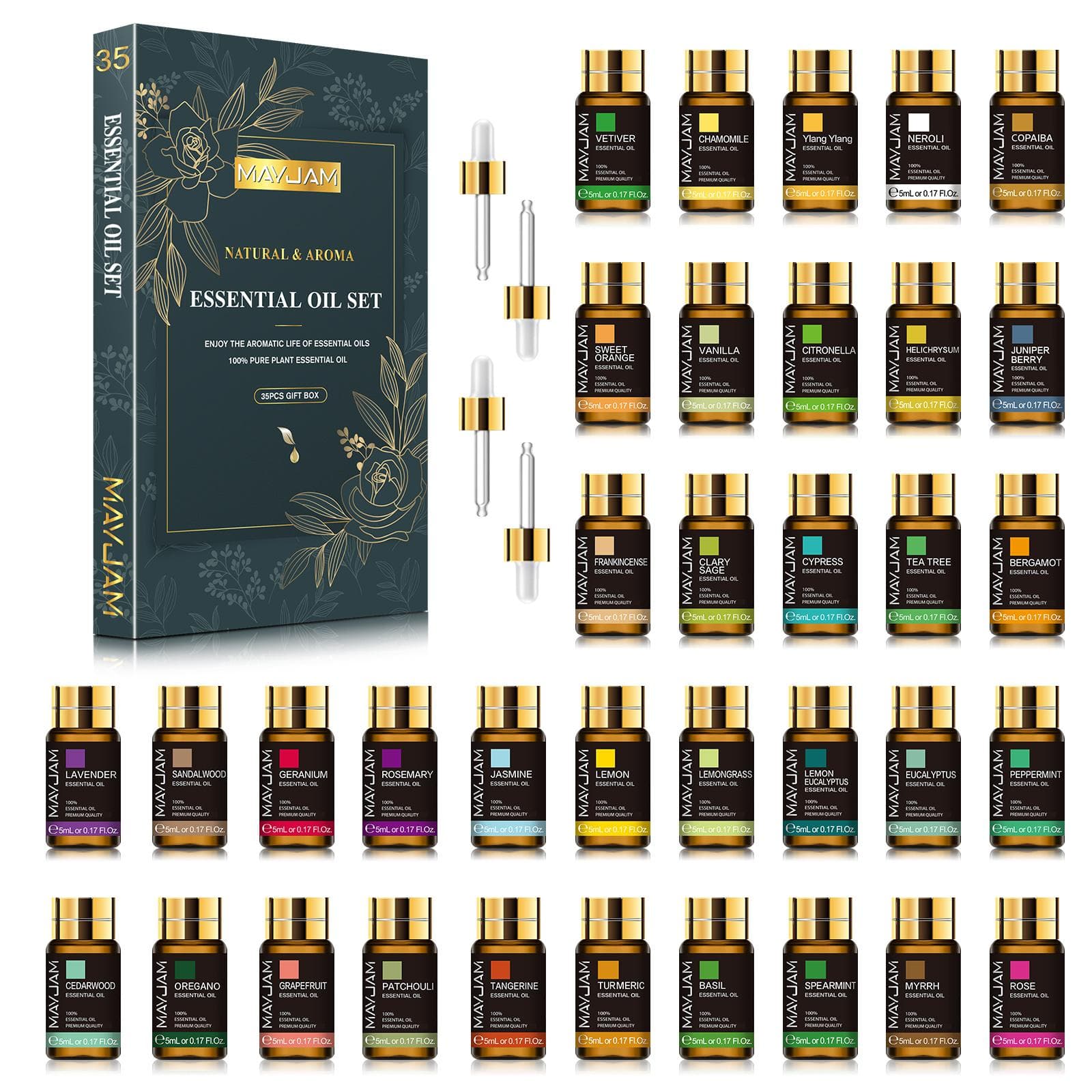 MAYJAM 35PCS Essential Oils Gift Set for Aromatherapy Diffusers, Skin Care, Spa Massage, Relaxation, DIY Candle and Soap Making 35pcs/set