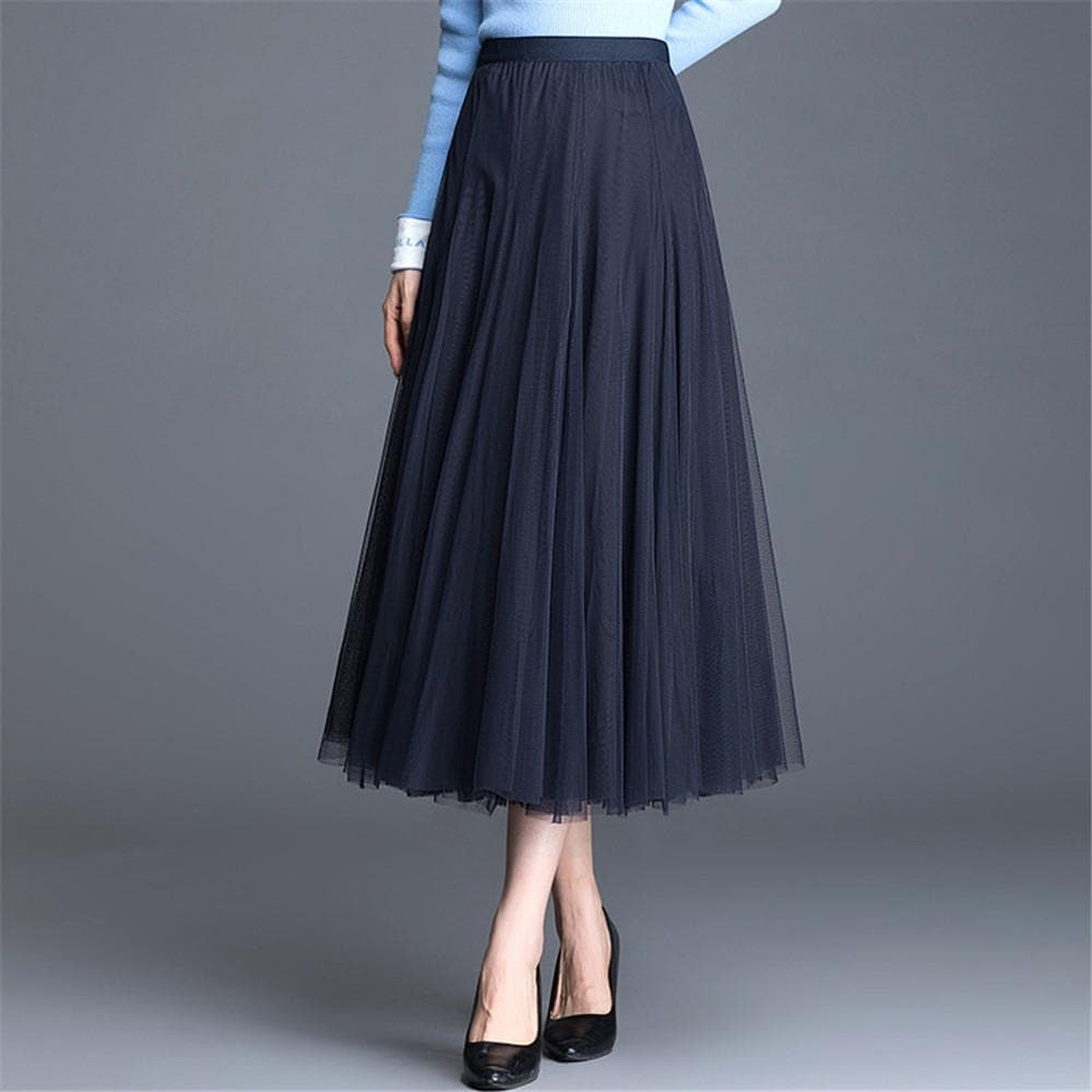 New Women Mesh Elastic Tutu Skirt Beach Spring Summer Korean High Waist Fashion Pleated Long Skirt Black White Tulle Skirts 85cm abyss
