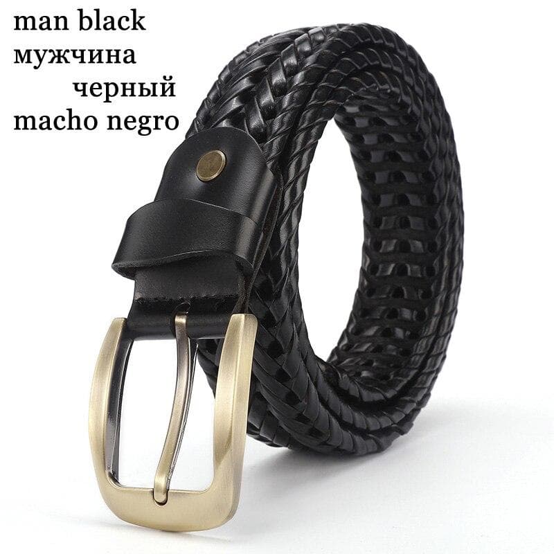 Woven belt genuine leather women's straps man belts Wide girdle Male cow skin vintage fashion brand 95CM black