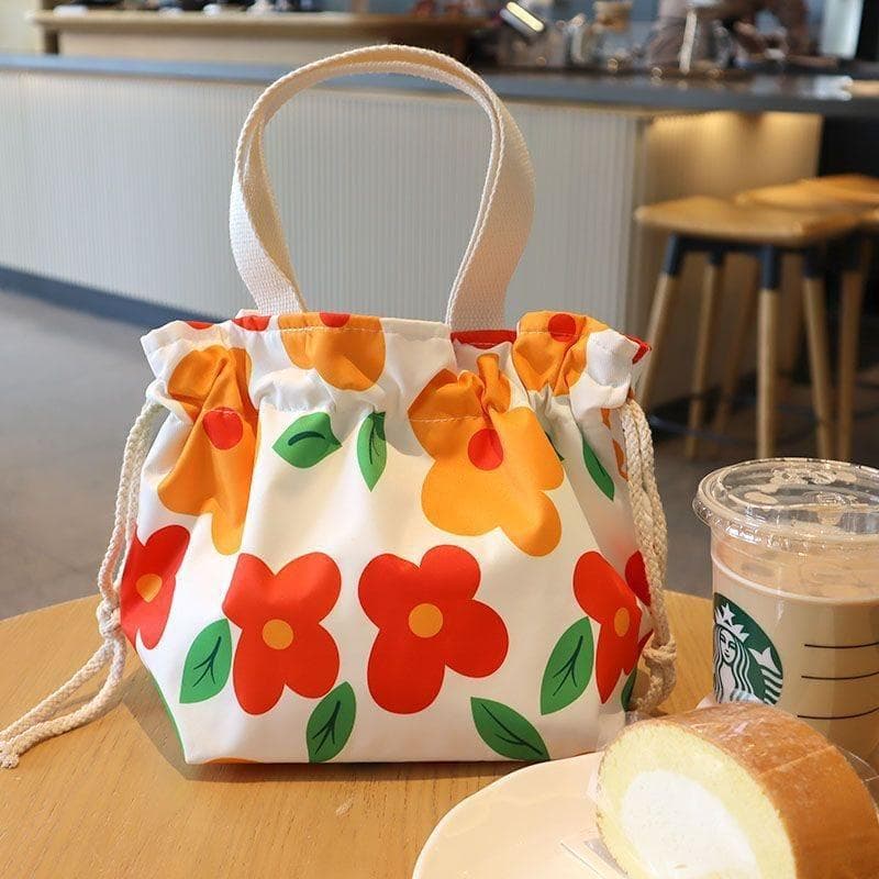 Lunch Bag Cartoon Flowers Canvas Lunch Box Drawstring Picnic Tote Eco Bento Bag Small Handbag Dinner Container Food Storage Bags red